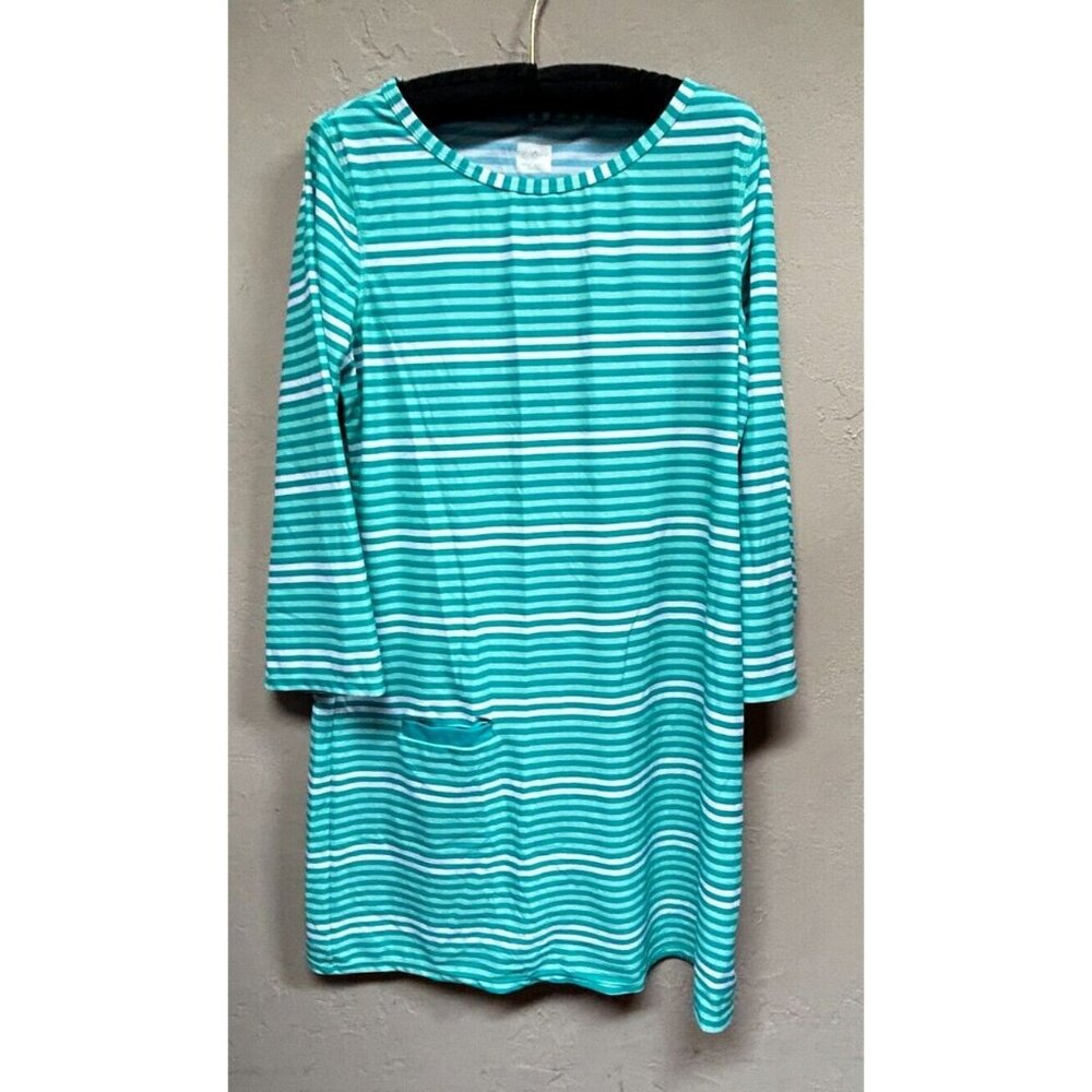 Cabana Life Women's Turquoise Striped Shift Dress Size Large Green/White Stretch